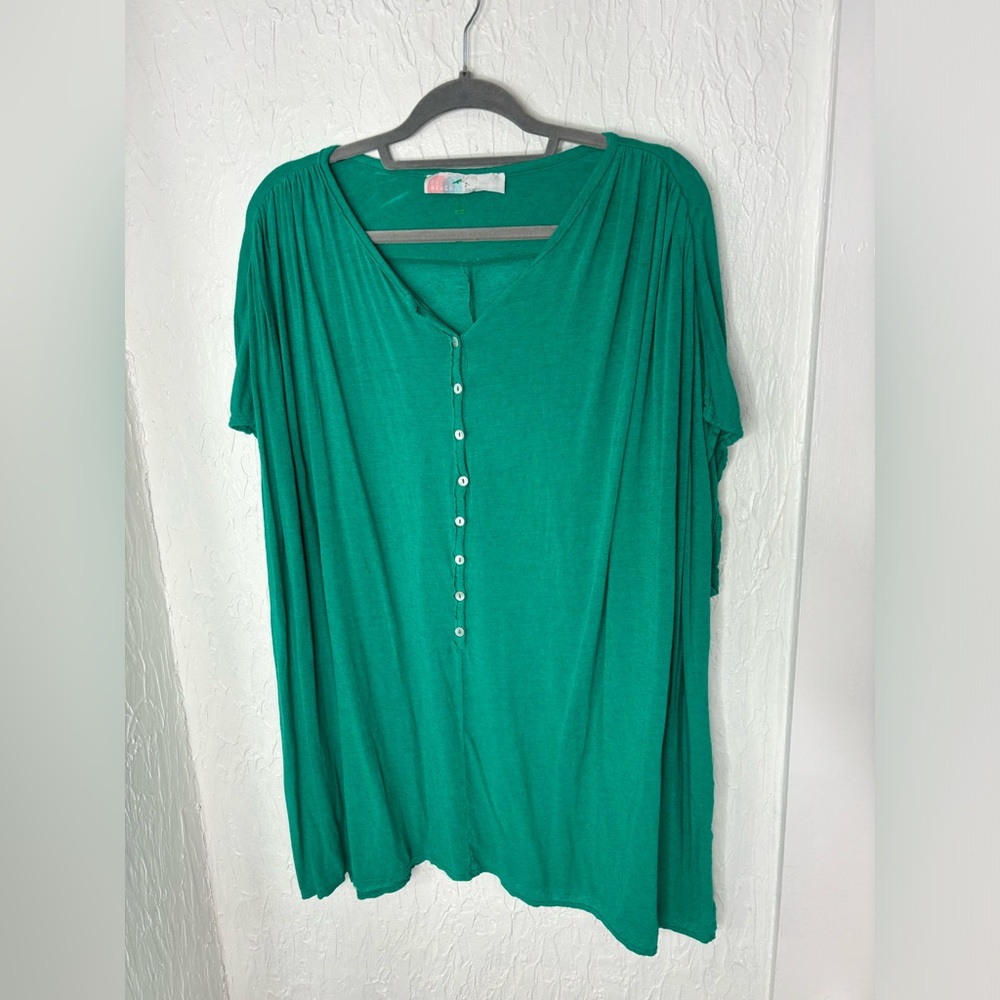 Free People Beach Teal Linen-Blend Button Front Swim Cover Up Tunic Top Size S